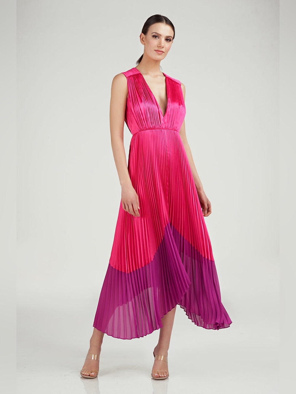 AMUR Amelia Pleated Midi Dress in Rosie/Grape Sz 2